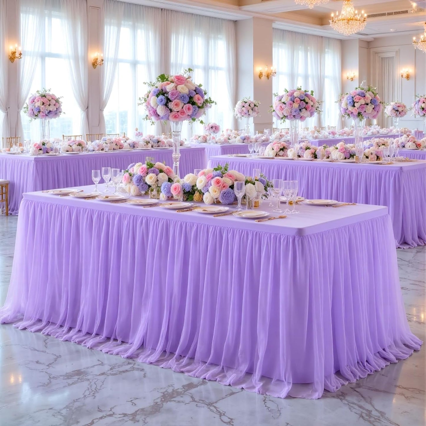 Lavender Tulle Tablecloth for 6 Foot Rectangular Tables 6ft Light Purple Table Cloth Rectangle Wrinkle Free Lilac Table Cover with Tutu Skirt for Wedding Birthday Party Baby Shower Banquet Buffet
