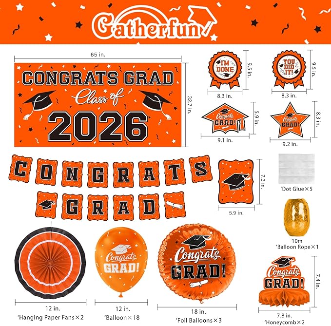 Orange Themed 2026 Graduation Decorations Set - Congrats Grad Banner, Class of 2026 Backdrop, Balloons & Streamers Kit - Complete Party Supplies for High School & College Celebrations