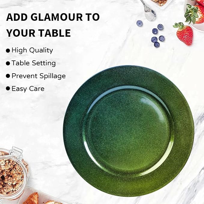 MAONAME Laser Green Charger Plates Set of 12, 13" Round Plate Charger for Dinner Plates, Glitter Plastic Plate Chargers, Table Chargers for Wedding Decor, Party