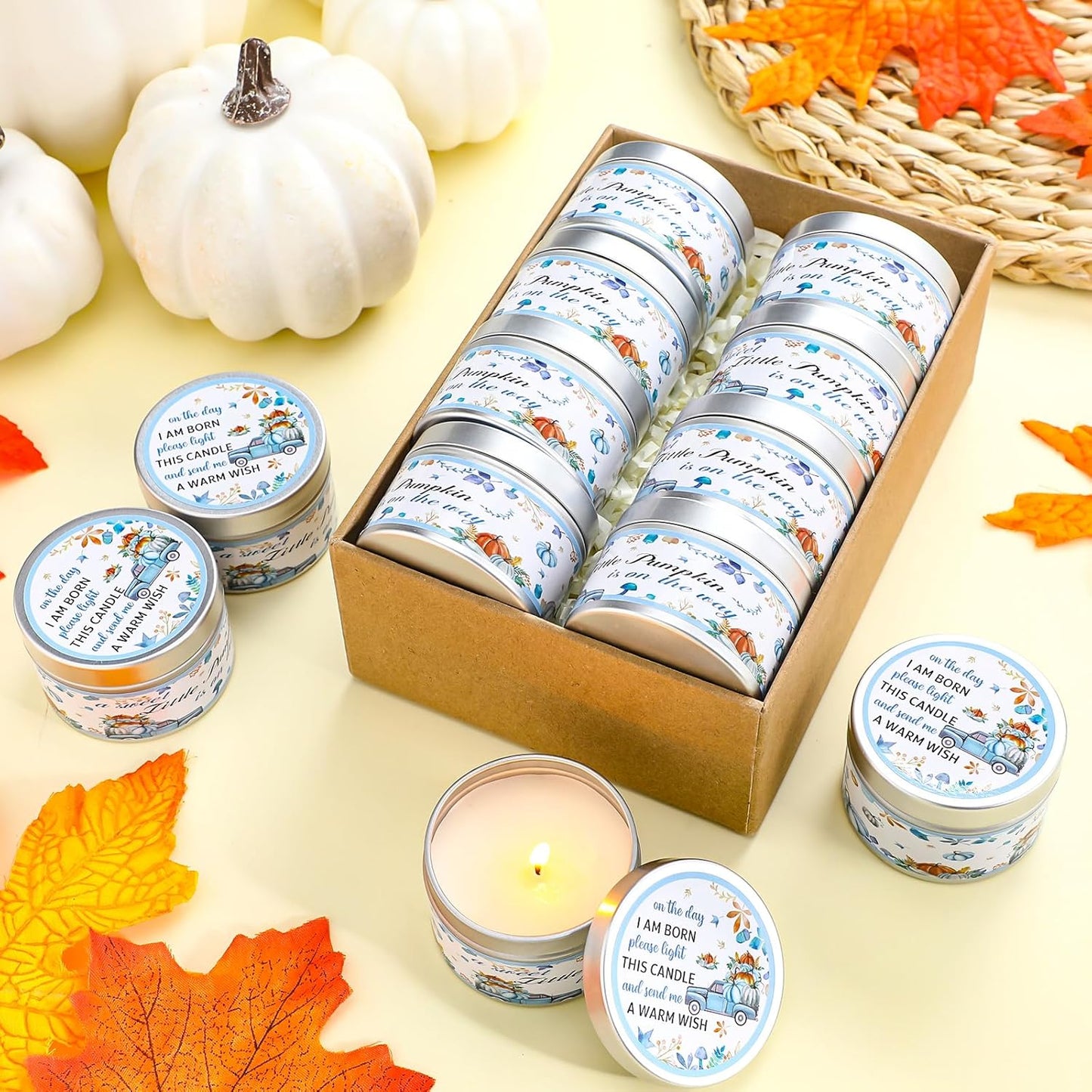MTLEE 24 Pcs Thanksgiving Little Pumpkin Baby Shower Party Favors Candles Lavender Scented Baby Shower Favors for Guests Rustic Tealights Candles Gender Reveal Return Gifts Girl Boy(Blue, 1.2 Oz)