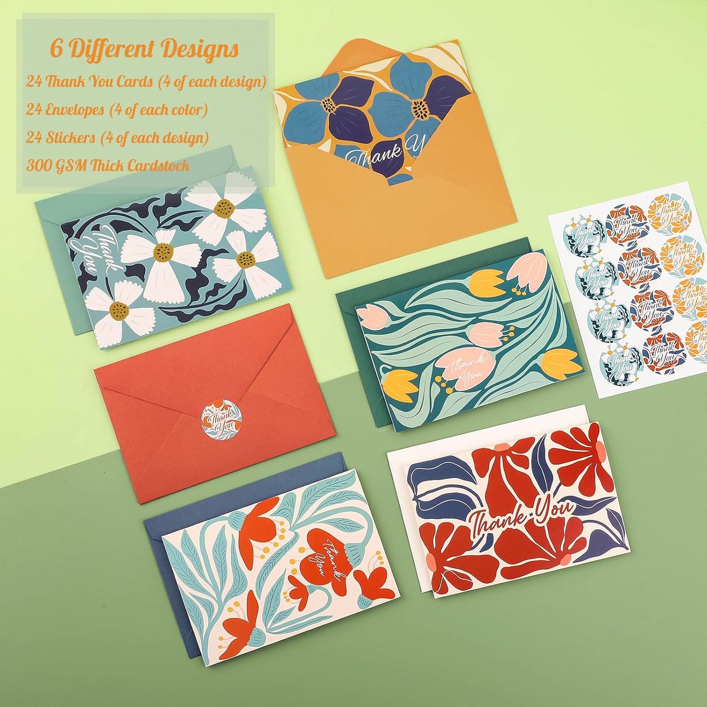 24 Pack Thank You Cards with Envelopes, 4x6 Inch Thank You Cards Bulk with Envelopes & Stickers, Greeting Card for Birthday, Wedding, Baby Shower, Graduation, Thanksgiving, Christmas, New Year