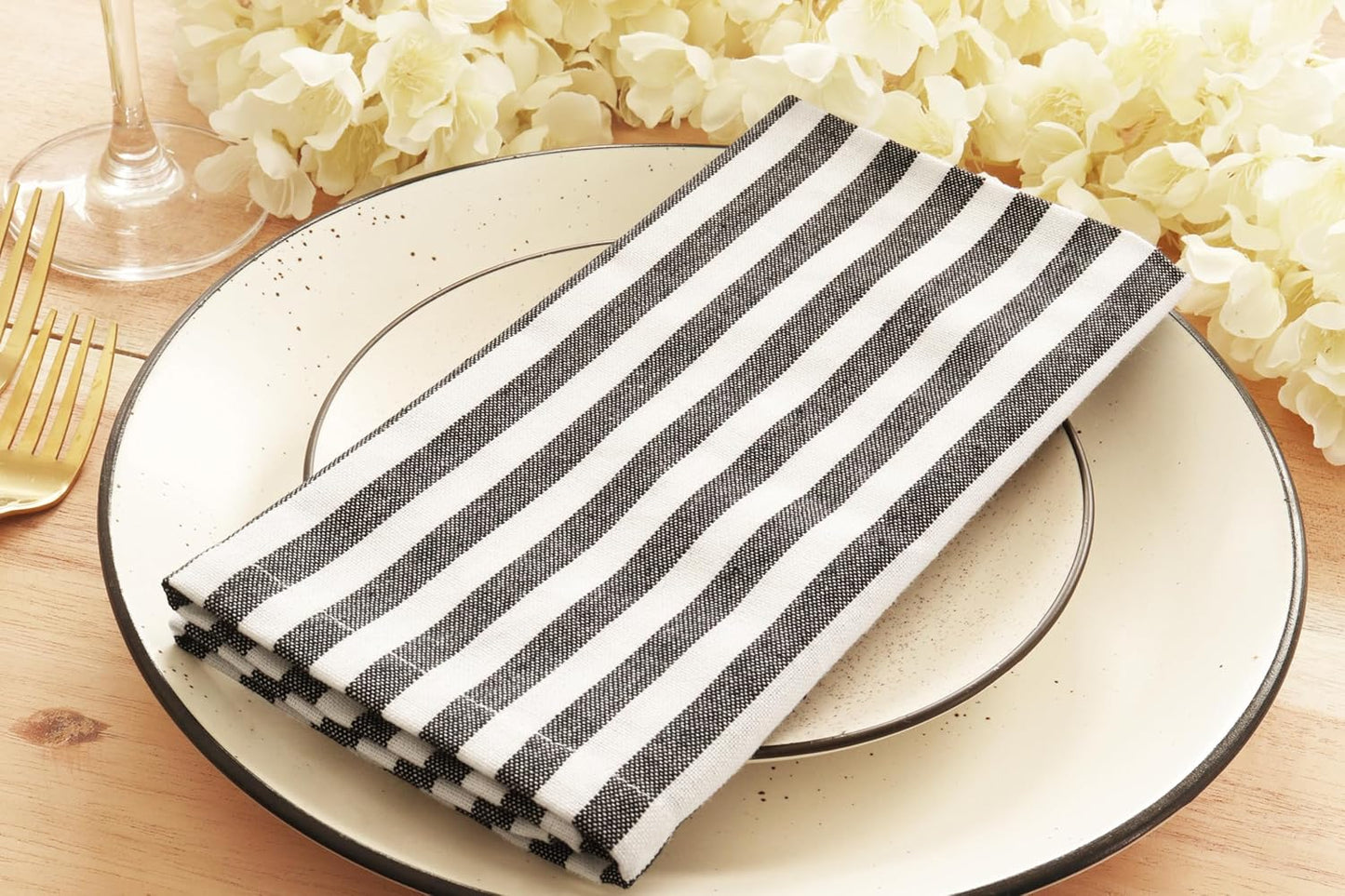PurpleEssences Plain Striped Cloth Napkins - Set of 12-100% Cotton - 18 x 18 Inch - Fall Thanksgiving Halloween - Perfect Everyday Use Dinner Napkin - Black and White
