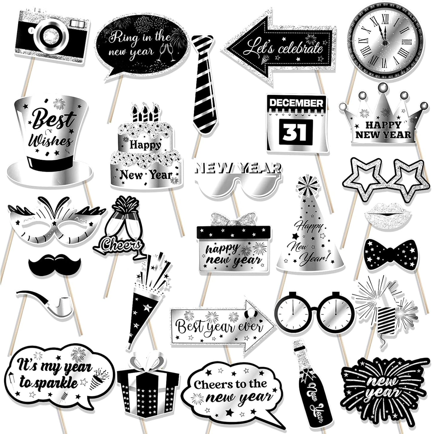 HOWAF 30pcs Happy New Year Photo Booth Props with Photo Frame, 2026 Black Silver New Year Decoration Photo Props,New Years Props for NYE Party, 2026 NYE Cheers to The New Year Selfie Props