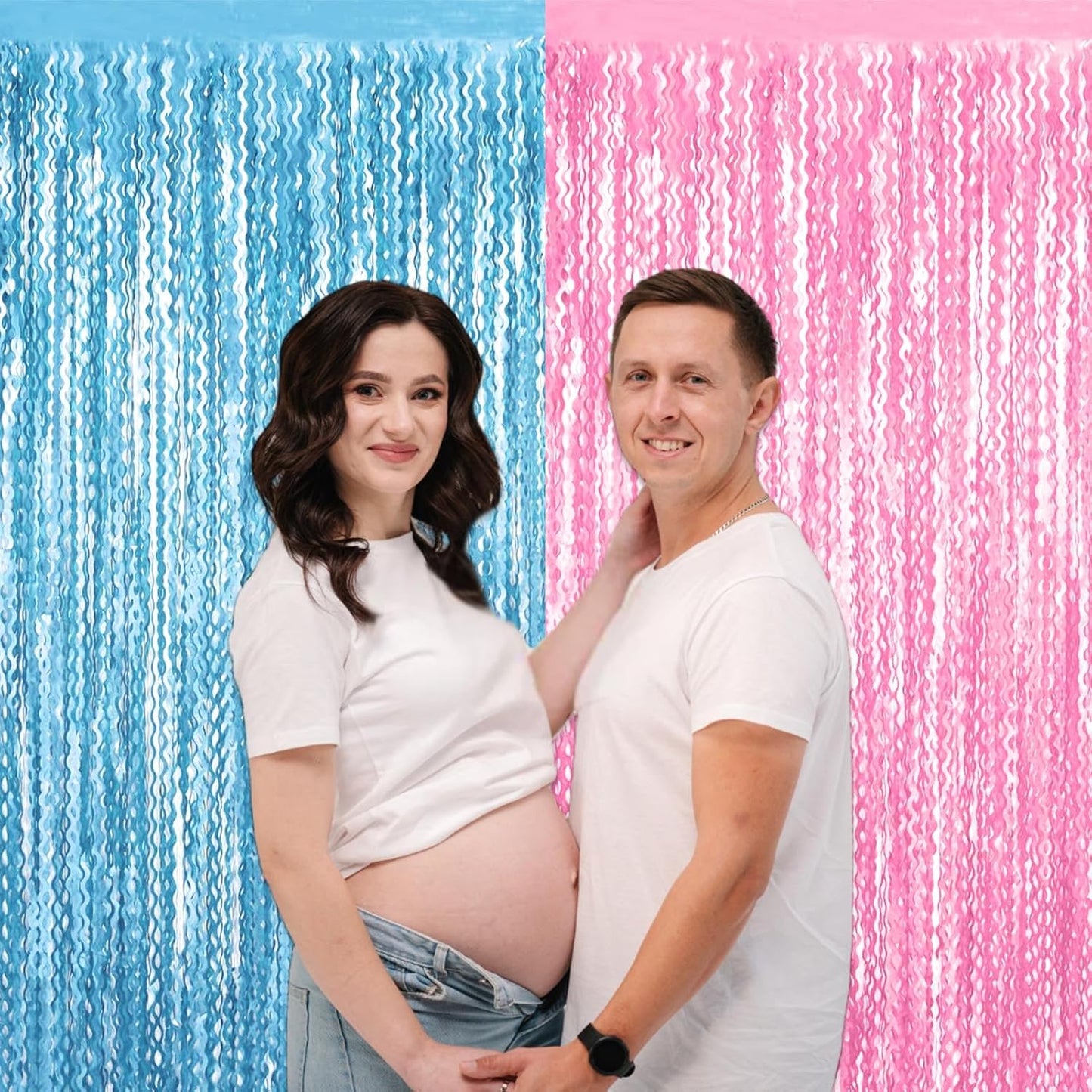 4 Pack Macaron Pink Blue Fringe Curtain Backdrop 3.2Ft x 8.2Ft Metallic Tinsel Foil Fringe Streamers Background for Photo Booth Mother's Day, Easter, Carnival, Birthday, Wedding Party Decoration