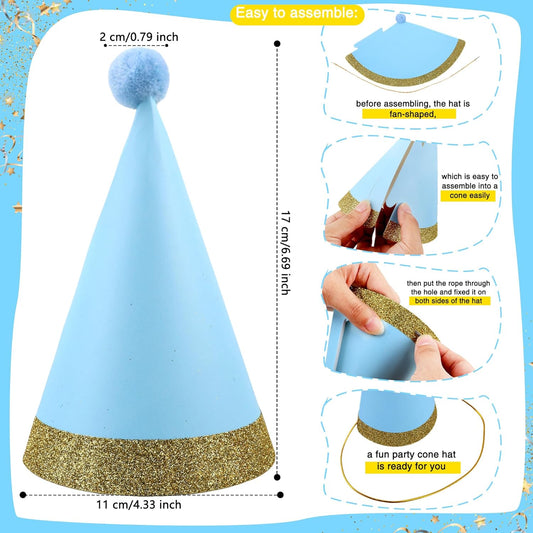 48 Pcs Birthday Party Hats Paper Colorful Cone Party Hats with Pom Poms and Glitter Trim for Kids Adults Birthday Holiday Party Family Gathering Favor Supplies