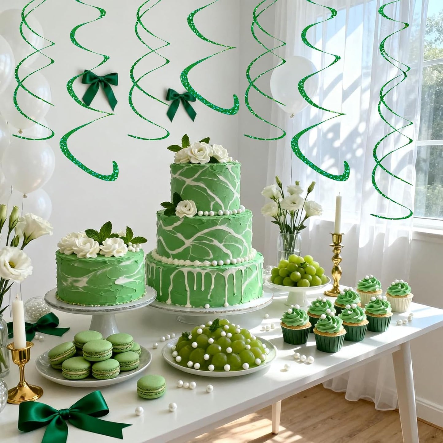 Fumwase 30PCS Hanging Swirl Party Decorations Shinny Foil Plastic Party Streamer for Ceiling Ornament Set for Home School Birthday Wedding Halloween Decorations (Green)