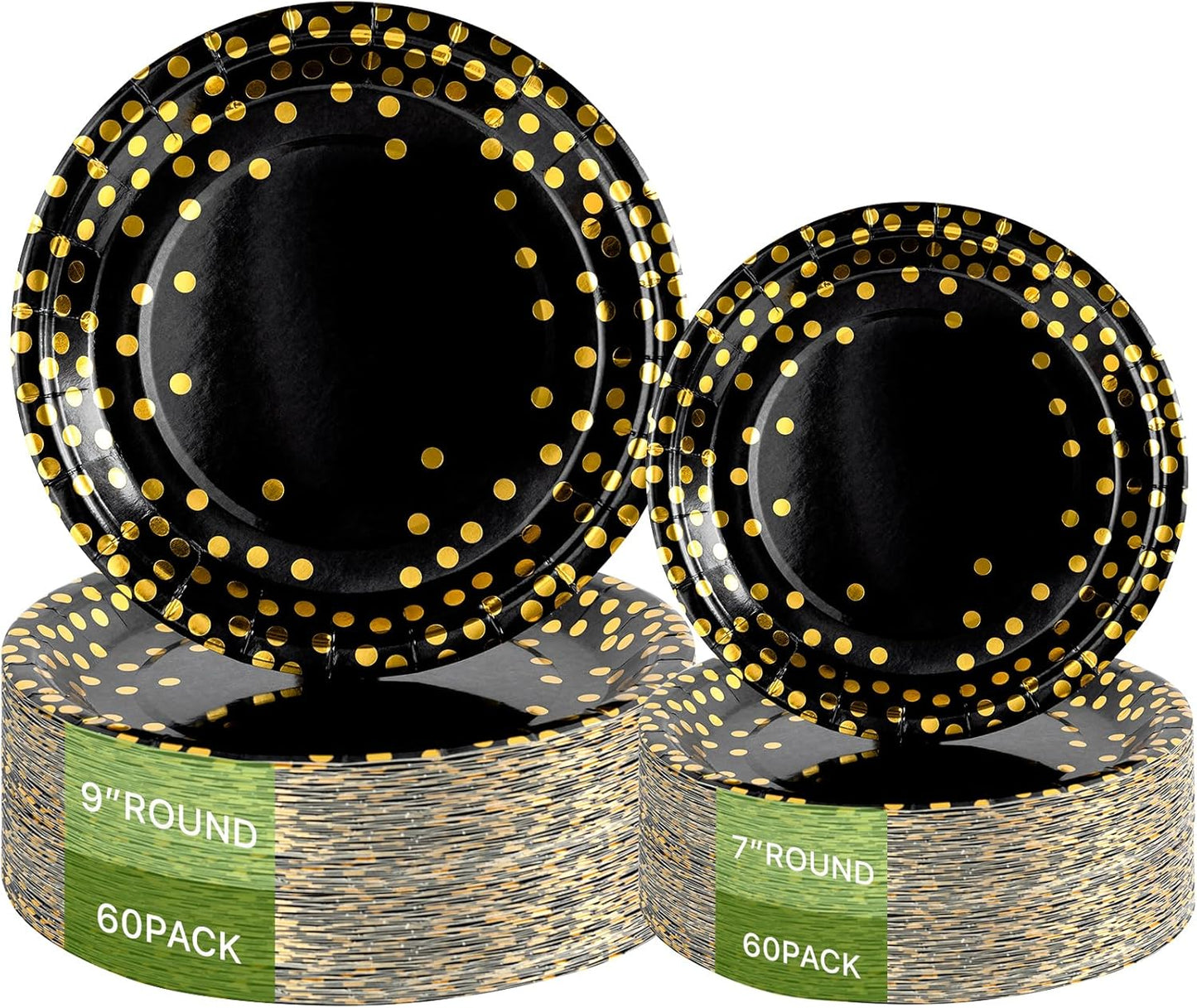 Lullaby 120PCS Black Paper Plates, Black and Gold Paper Plate, 60pcs Dinner Plates 9"，60pcs Dessert Plates 7", Disposable Graduation Plates with Golden Dot for Birthday party, Halloween