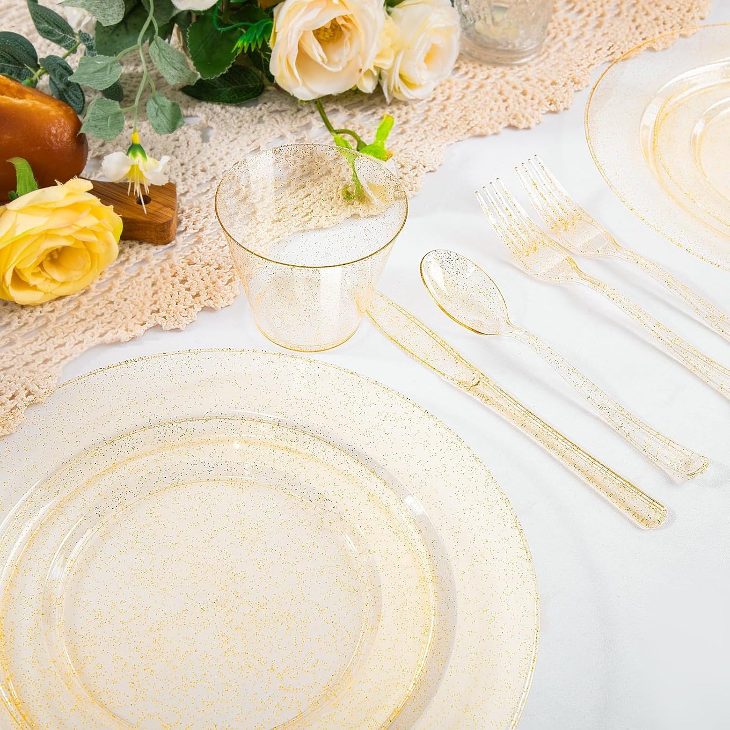 WELLIFE 300 PCS Gold Glitter Dinnerware Set for 50 Guests, Disposable Plastic Plates for Party, 50 Dinner Plates, 50 Salad Plates, 50 Cups Forks Knives Spoons for Wedding and Party Supplies