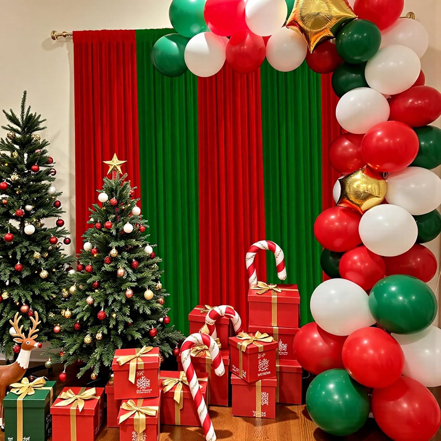 Christmas Backdrop Curtain - 10×10ft Red & Green Holiday Party Background Decor for Xmas Tree Photos, Home Festive Wall, Mall Santa Booth, Reusable Winter Celebration Decoration for Family
