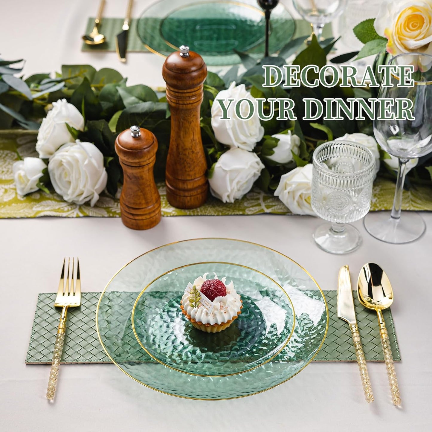 Lullaby 60pcs Green Plastic Plates with Gold Rim, Includes 30pcs Dinner Plate 10'' and 30pcs Clear Dessert Plate 7.5'', Green Disposable Plastic Plates for Parties, Birthdays and Wedding