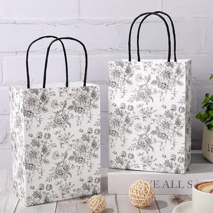 JarThenaAMCS 24Pcs Black Floral Kraft Paper Bags with Handles Chinoiserie Treat Gift Bags Vintage Flower Candy Goodie Bag for Wedding Birthday Baby Shower Party Favors Supplies