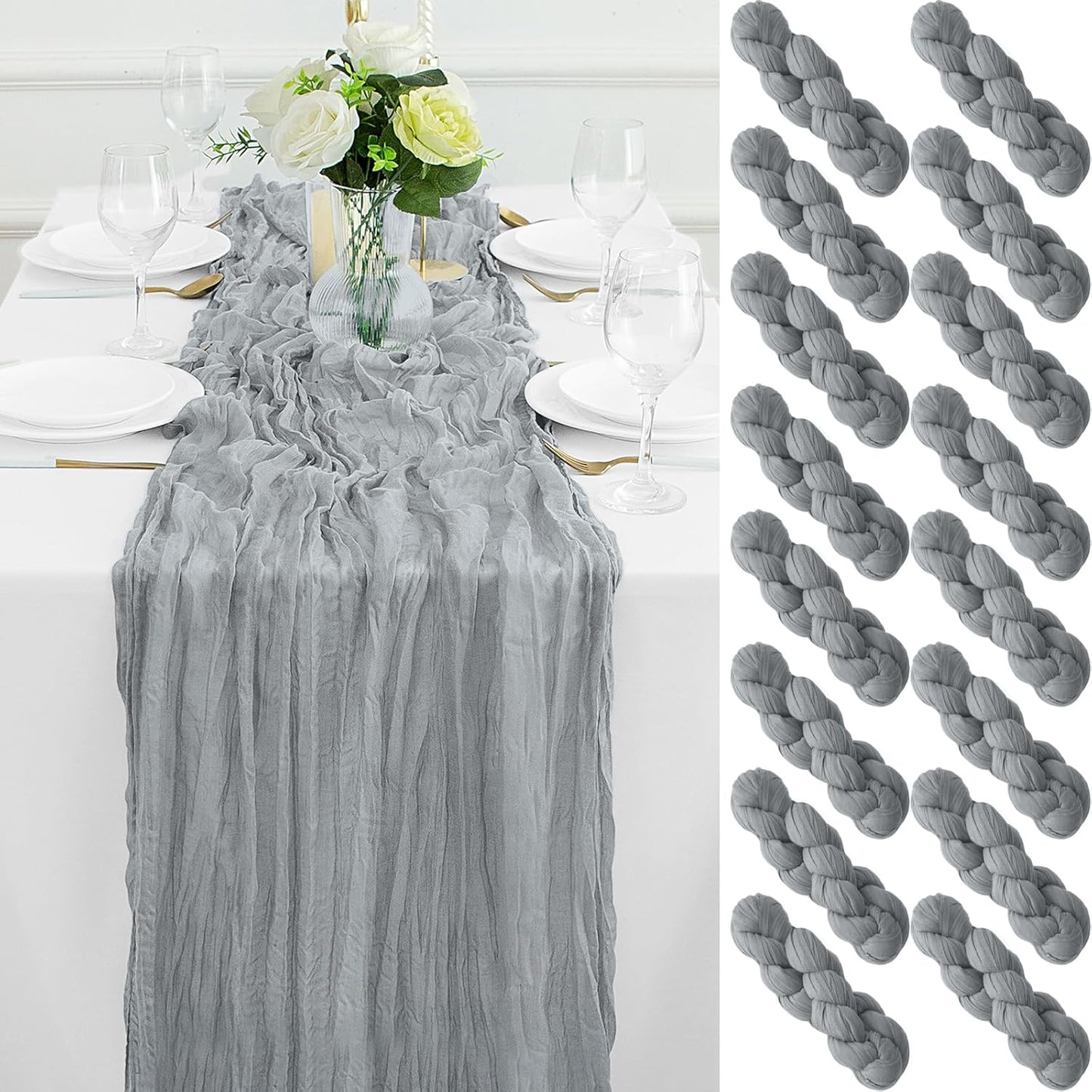 16Pack Grey Table Runner 10FT Cheesecloth Table Runner 35x120Inch Long Boho Cheese Cloth Table Runners Rustic Gauze Table Runners for Party Wedding Bridal Shower Baby Shower Decorations