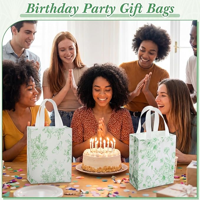 Wovnet 30 Pcs Green Floral Gift Bags Bulk Reusable Non Woven Vintage Floral Tote Treat Goodie Candy Bags with Handle Spring Flowers Party Favors Pouch for Holiday Wedding Party Decor 10 x 8 x 4 Inch