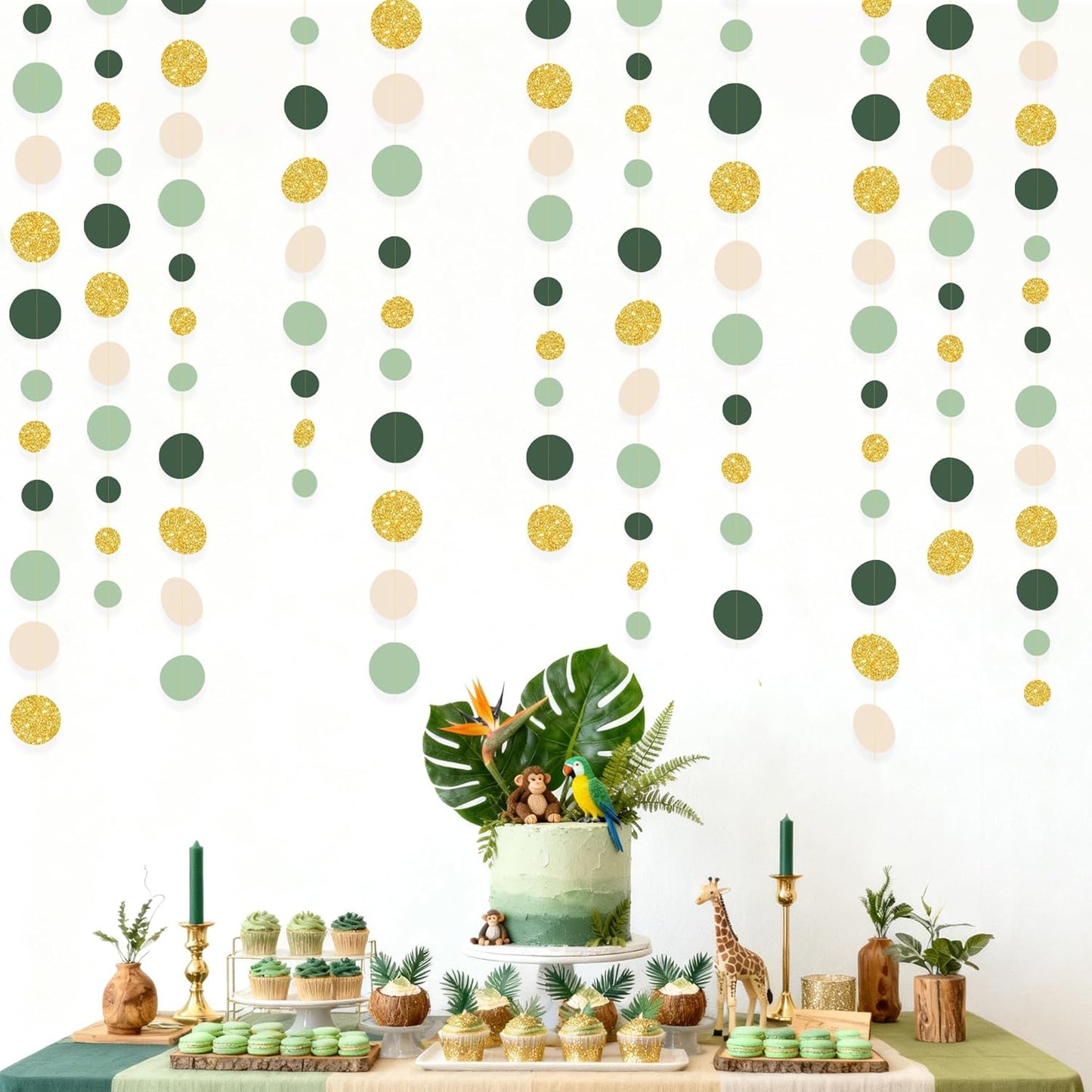 Sage Green Gold Beige Party Polka Dot Garlands Oilve Green Glitter Gold Hanging Paper Circle Dots Streamer for Baby Shower Birthday Wedding Engagement Retirement Boho Safari Party Decorations Supplies
