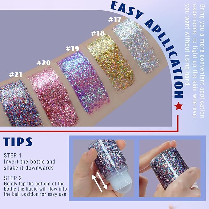 HOSAILY Red White and Blue Roll-on Body Glitter Gel, 4th of July Accessories Holographic Face Glitter Gel, Fourth of July Sequins Makeup for President's Day Patriotic Veterans Day