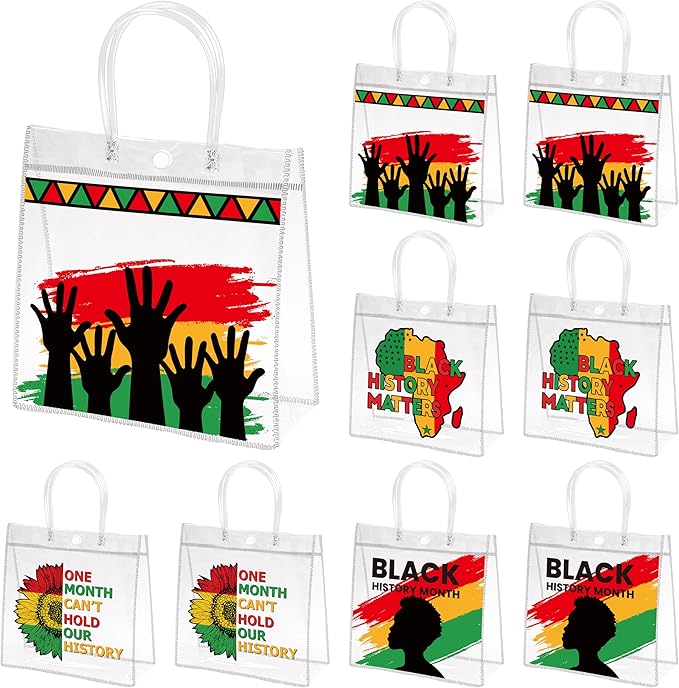 H1vojoxo Black History Gift Bags - 24PCS Black History Month Clear PVC Gift Bags With Handle for School Family Gathering Party Decorations Reusable Clear PVC Goodie Treat Bag for African Party Favors