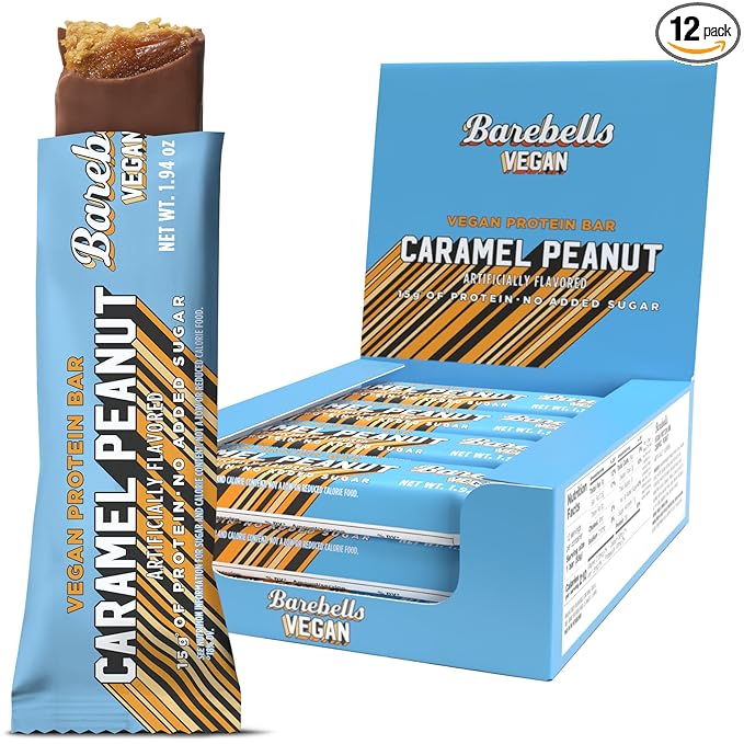 Barebells Plant Based Protein Bars, Peanut Caramel - 12 count, 15g of Plant-Based High Protein Treats - Chocolate Nutrition Bar with 1g Total Sugar - On The Go Breakfast or Post-Workout Snack