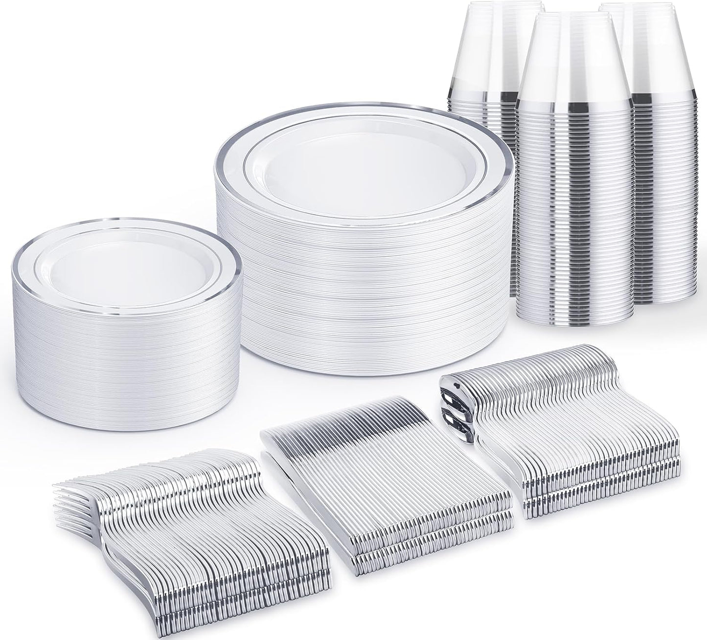 WELLIFE 450 PCS Silver Disposable Dinnerware Set for 75 Guests, Wedding Plates Silver Plastic Plates for Party, Including 75 Dinner Salad Plates, Cups, Forks Knives Spoons for Wedding and Party