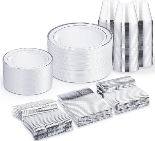 WELLIFE 450 PCS Silver Disposable Dinnerware Set for 75 Guests, Wedding Plates Silver Plastic Plates for Party, Including 75 Dinner Salad Plates, Cups, Forks Knives Spoons for Wedding and Party
