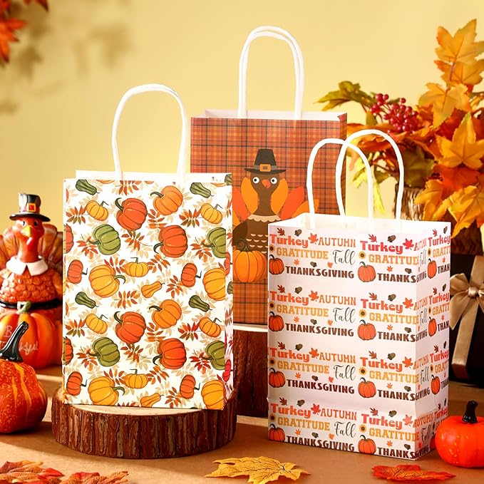 Glenmal 24 Pcs Thanksgiving Party Favors Bags Fall Gift Goodie Paper Bags with Handles Maple Leaf Pumpkin Pouch for Thanksgiving Party Decorations Supplies