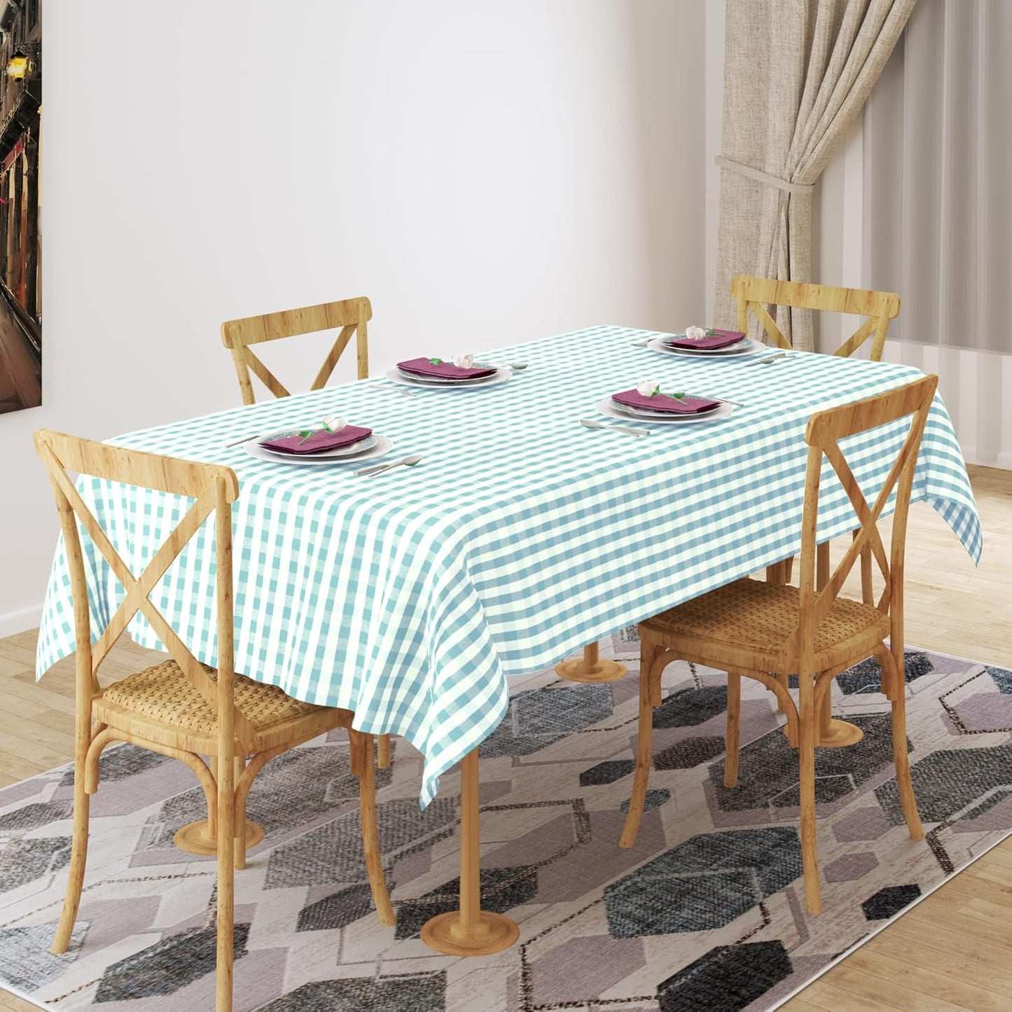 Urban Villa Tablecloth Buffalo Check Table Cloth Tabletop Cover Kitchen Dining Tablecloth 100%Cotton Great Parties Wedding Holiday Dinner Aqua/White Color Rectangle 60X102Inches 8-10 Seats Table Cloth