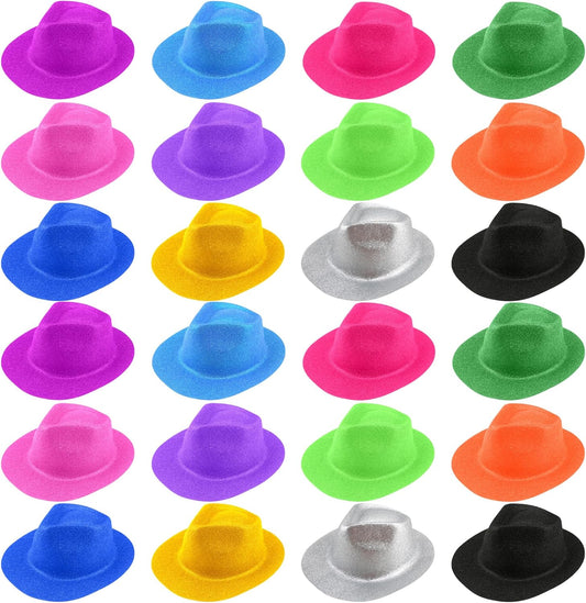24 Pcs Neon Party Hats Bulk Plastic Fedora Party Hats Glitter Party Gangster Hats for Adult Kids Party Supplies