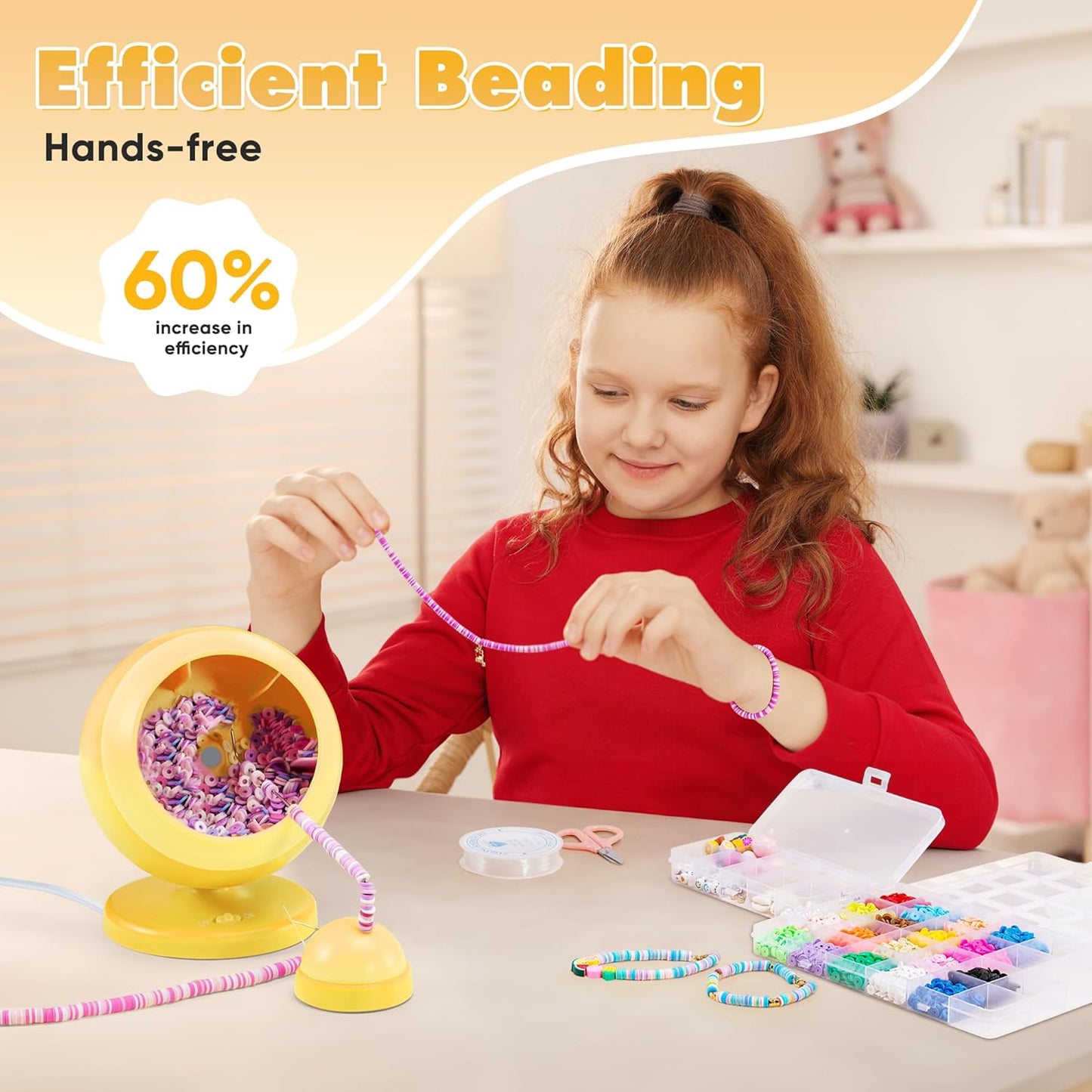 ETUDAW Bead Spinner, 4500 PCS Clay Beads and Electric Bracelet Maker with Needles and Thread for Bracelets, Necklace, Charms, DIY Birthday Gifts(Yellow)