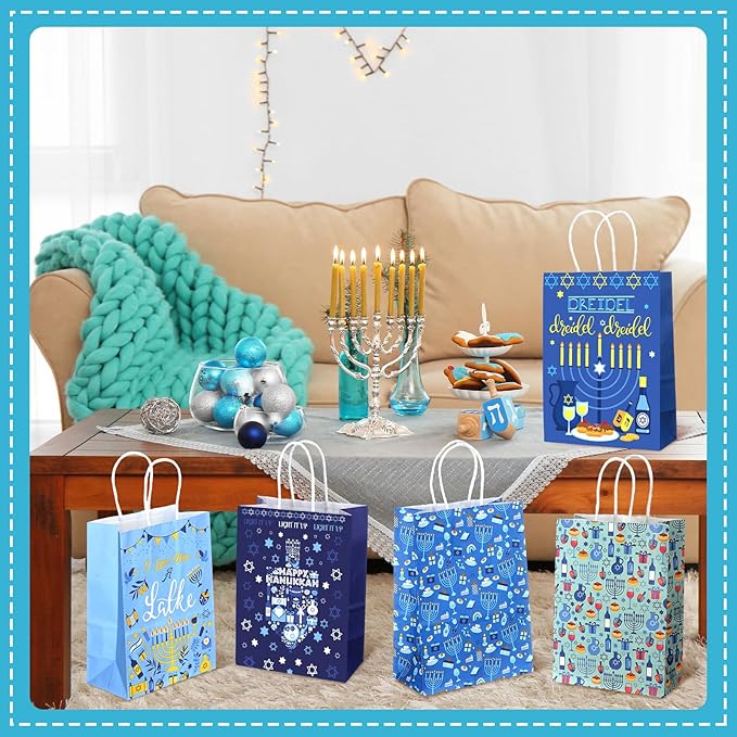 Outus 24 Pcs Hanukkah Party Favor Bags Chanukah Gift Goodie Paper Bags with Handles Blue Star of David Dreidel Candy Treat Pouch for Happy Hanukkah Party Decorations Supplies