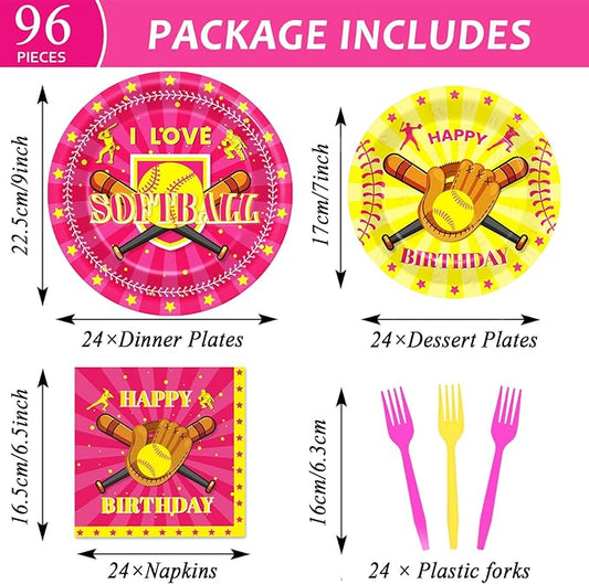 96Pcs Softball Party Supplies Softball Theme Paper Plates Napkins Softball Party Decorations Pink Softball Dinnerware Party Favor Girl Birthday Party Tableware Serves 24