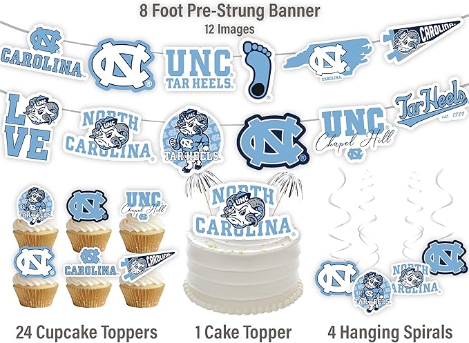 UNC Party Supplies for Football, Birthday Gift, Graduation Party Banner and Cake Toppers (42 Pieces) (North Carolina Tar Heels)