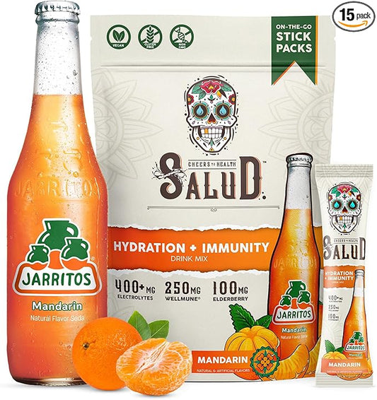Salud x Jarritos 2-in-1 Hydration Packets + Immunity Electrolytes Powder, Mandarin - Agua Fresca Drink Mix, Elderberry, Dairy & Soy Free, Non-GMO, Gluten Free, Vegan, 1g Sugar (15 Servings)