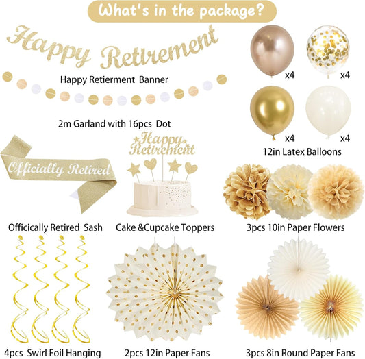 Vlipoeasn Retirement Decorations for Men Women, Champagne Gold Official Retired, Happy Retirement Banner Swirls Party Supplies Retired Farewell Party Set Work Graduation Party Decorations