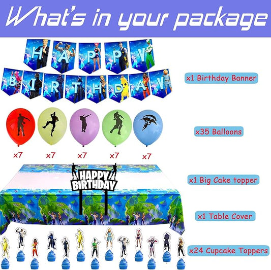 Gaming Birthday Decoration, Video Game Banner, Balloons, Toppers, Tablecloth
