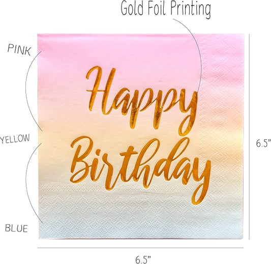 Happy Birthday Napkins - 50 Pack Pastel Metallic Birthday Disposable Paper Napkins with Gold Foil Printing on Pink Yellow Blue Ombre Gradient for Cocktail Party Supplies - 6.5" x 6.5" inches