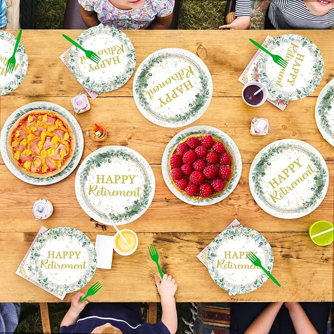 Grencian 200Pcs Sage Green Retirement Party Decorations Greenery Happy Retirement Plates and Napkins Gold Green Retire Tableware Set for Women Men Teachers Goodbye Going Away Party Supplies Serves 50