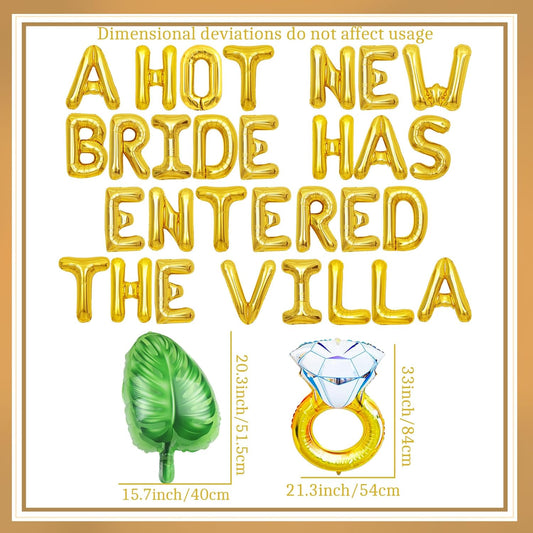A Hot New Bride Has Entered The Villa Banner Balloons Palm Tree Ring Mylar Balloon for Love Island Themed Bachelorette Party Decorations