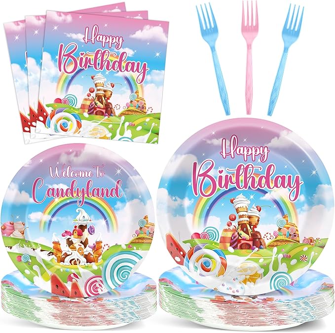 96Pcs Candyland Party Supplies Candyland Birthday Paper Plates Napkins Disposable Candy Land Party Decorations Sweet Candy Dinnerware Party Favor for Baby Shower Birthday Party Tableware Serves 24
