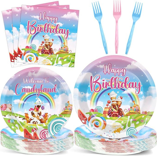 96Pcs Candyland Party Supplies Candyland Birthday Paper Plates Napkins Disposable Candy Land Party Decorations Sweet Candy Dinnerware Party Favor for Baby Shower Birthday Party Tableware Serves 24