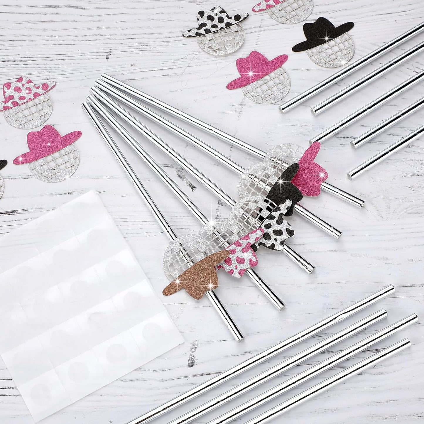 Tanlade 50 Pcs Mini Disco Ball Straws 70s Disco Straws Mirror Glitter Cowgirl Hat Party Decorations for Dance Holiday Wedding Birthday Supplies(Pink, Black, Brown)