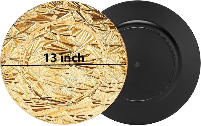 Set of 12 Charger Plates 13 Inch, Gold Round Plastic Dinner Plate Chargers for Wedding Banquet Party Restaurant Catering (Lucky Gold, 12 PCS)