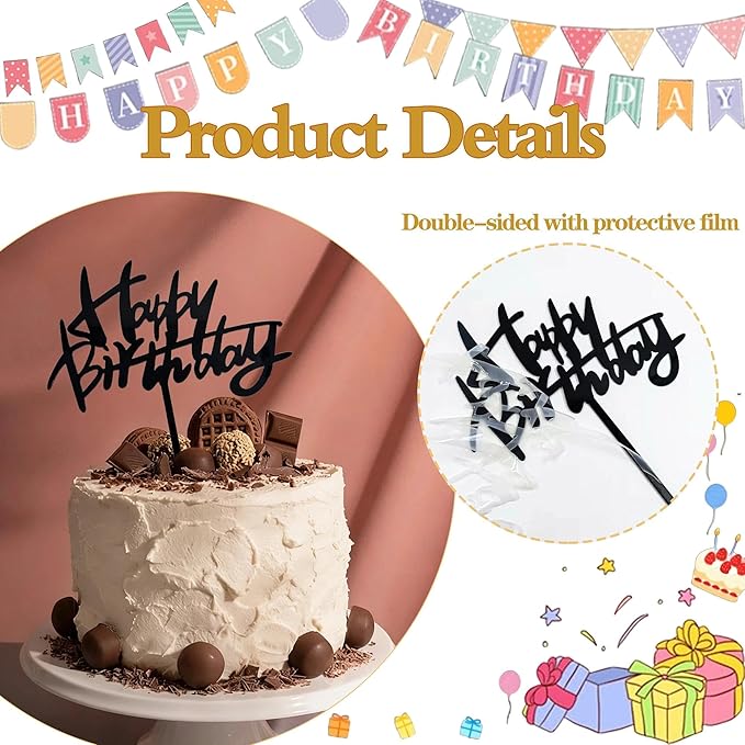 Acrylic Happy Birthday Cake Topper Black Graffiti Style Cake Decorations for Men Women Personalized Birthday Topper Modern Script Party Supplies