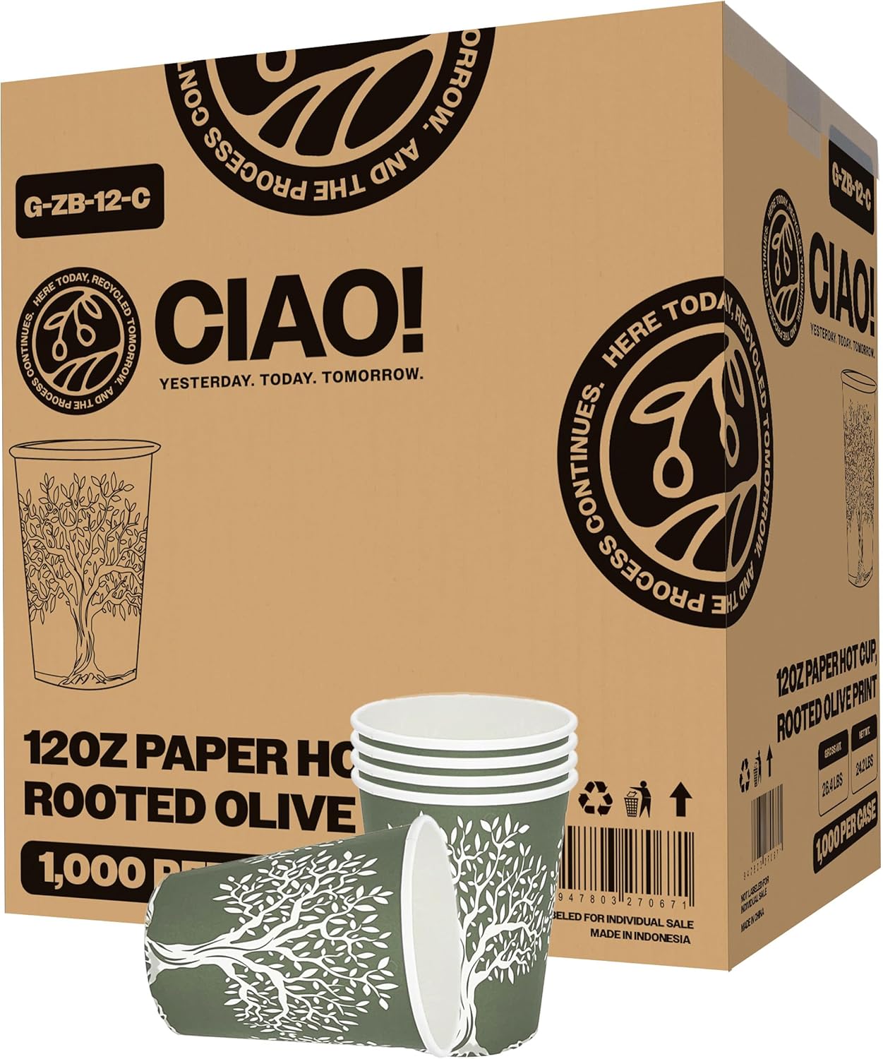 CIAO! 12oz Paper Hot Cup, Rooted Olive Print, (Case of 1,000)