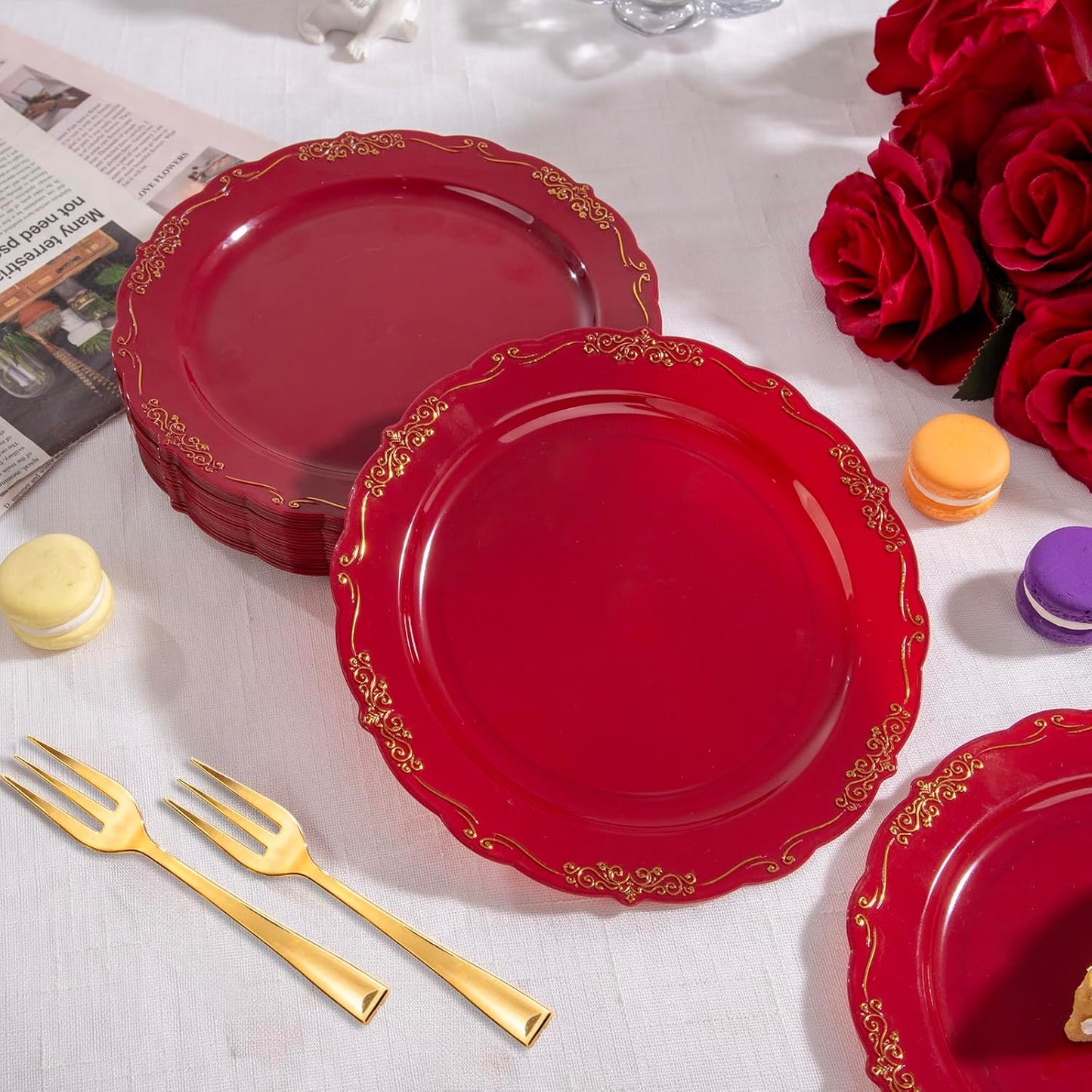 LIYH 100 Pcs Burgundy Gold Plastic Dessert Plates with 100 Pcs Gold Dessert Forks, Disposable Red Salad Plates Includes 100 Appetizer Plate 7.5"and 100 Golden Cake Forks 5 "