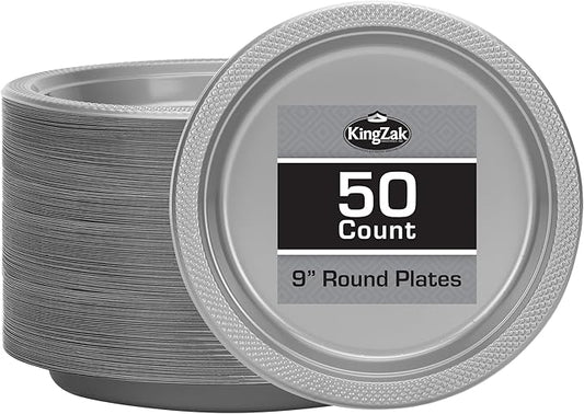 Silver Solid Color Premium Heavy Weight Plastic Dinner Plate (9") 50 Count - Premium Plastic, Elegant & Durable, Perfect for Events