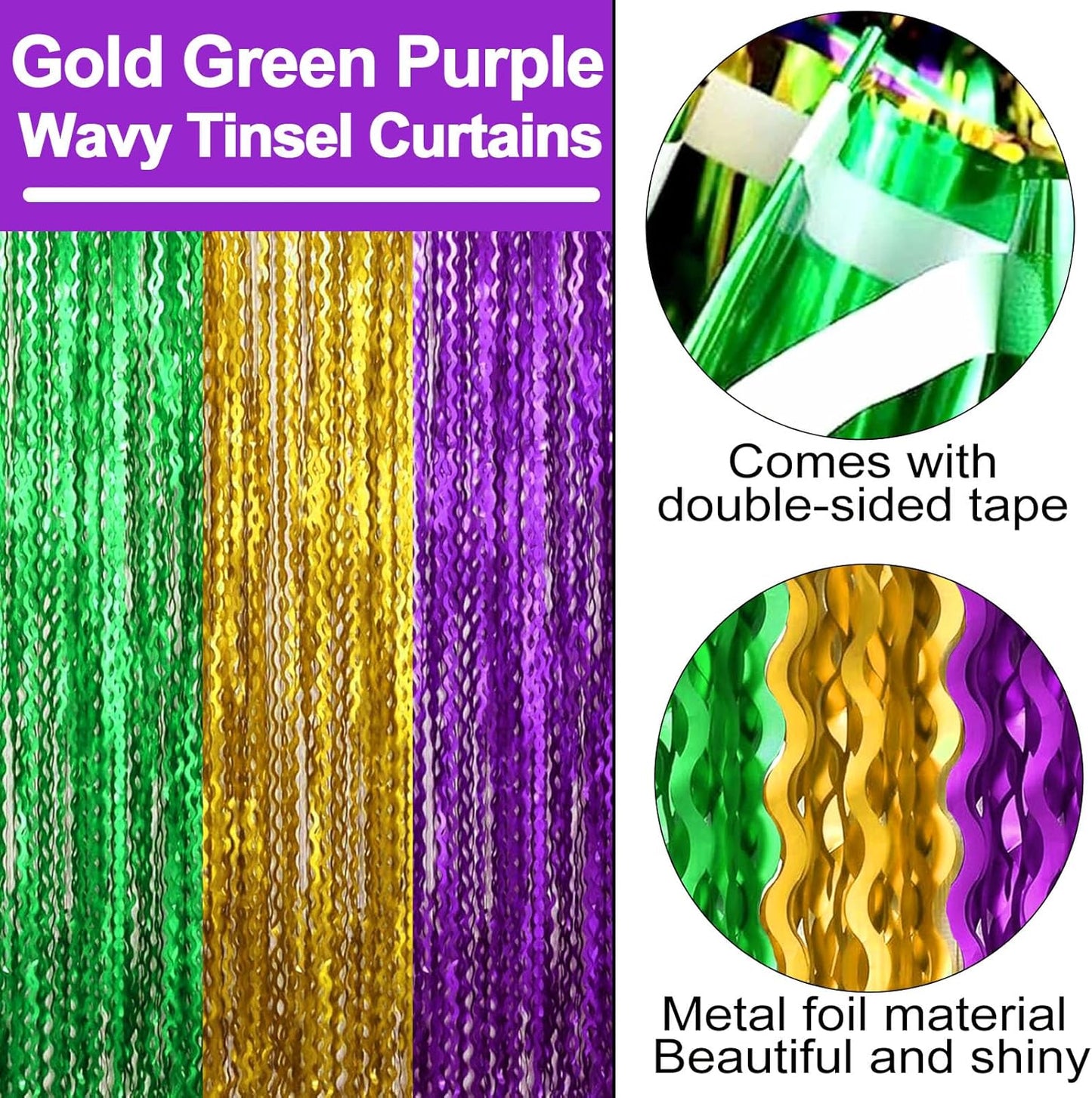 4 Pack Gold Green Purple Fringe Curtain Backdrop 3.2Ft x 8.2Ft Metallic Tinsel Foil Fringe Streamers Background for Photo Booth Mother's Day, Easter, Carnival, Birthday, Wedding Party Decoration