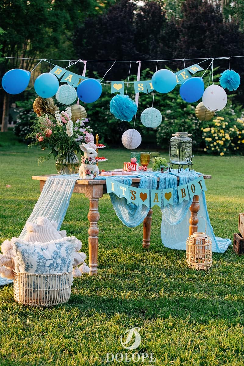 DOLOPL 8PCS Baby Blue Cheesecloth Table Runner Bulk 13.3ft Boho Gauze Cheese Cloth Table Runner Rustic Sheer Runner 160inch Long for Wedding Bridal Baby Shower Birthday Party Cake Table Decorations