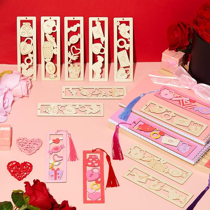 Yexiya 100 Pcs/50 Set Valentine's Day Wooden Bookmarks DIY Craft Kit, Love Heart Bookmark Art Set for Classroom, Book Lovers, Birthday Holiday Gifts