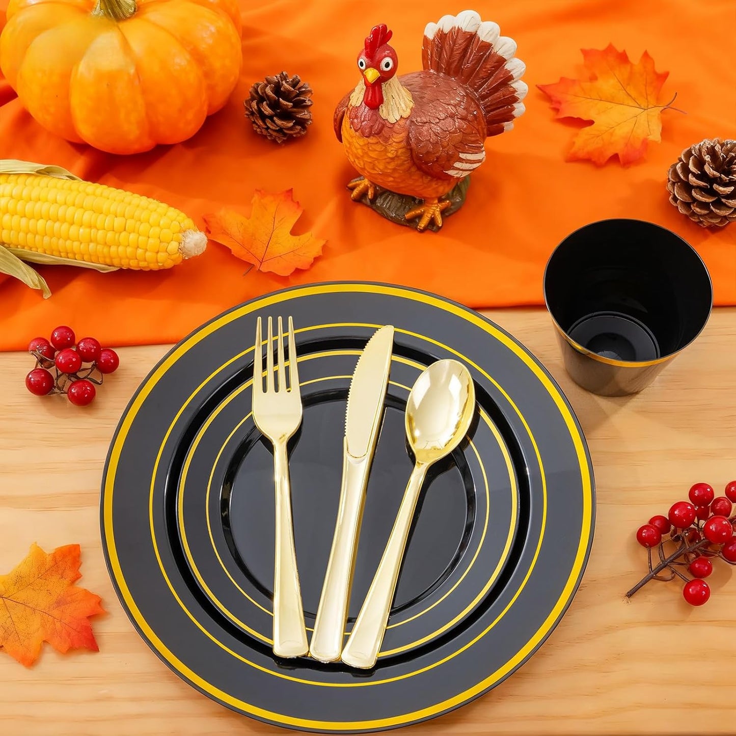 WELLIFE 350PCS Black and Gold Plastic Plates - Plastic Dinnerware Set for 50 Guests,Include 50 Dinner Plates, 50 Dessert Plates, 50 Black Cups 9 OZ, 50 Pre Rolled Napkins with Gold Silverware
