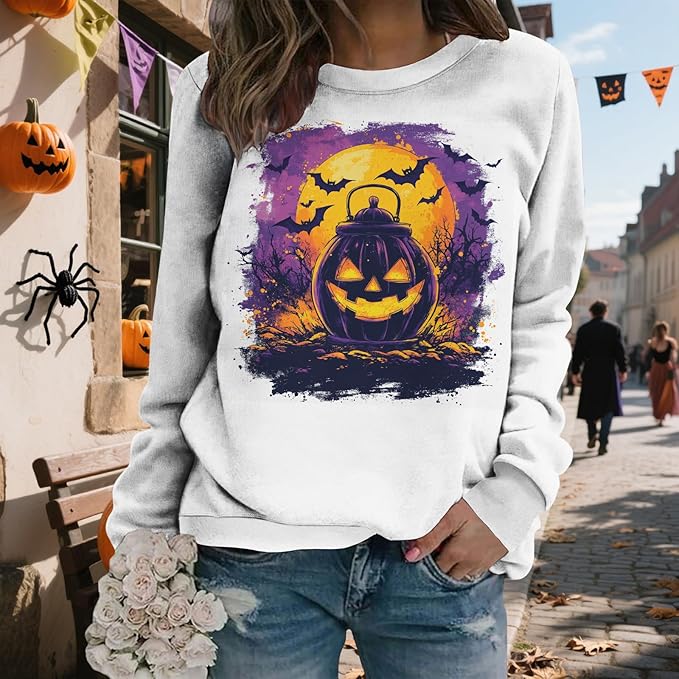 LIZALIG Pullover Cute Sweatshirt Orange Skeleton Fall Festive FunWomens Design Bat Holiday Party Outings Pumpkin Print