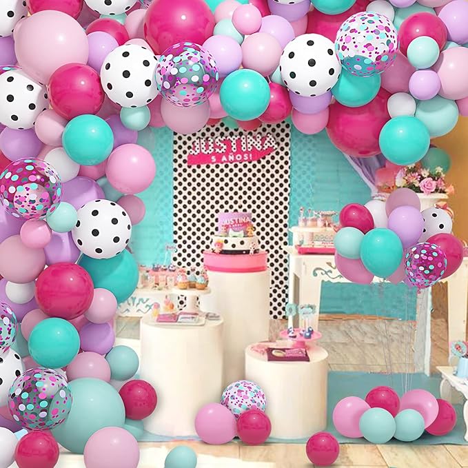 Amandir 152pcs Hot Pink and Teal Blue Balloon Garland Arch Kit, Different Sizes 12 10 5 Purple Rose Red Confetti White Dots Turquoise Balloons for Spa Girls Surprise Birthday Baby Shower Decorations